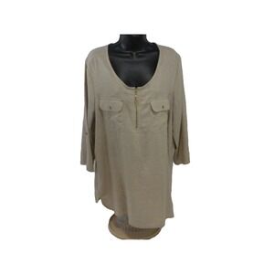 Emily Daniels Top XL‎ Beige 1/2 Zip Linen Blend Scoop Neck 3/4 Roll Tab Sleeve